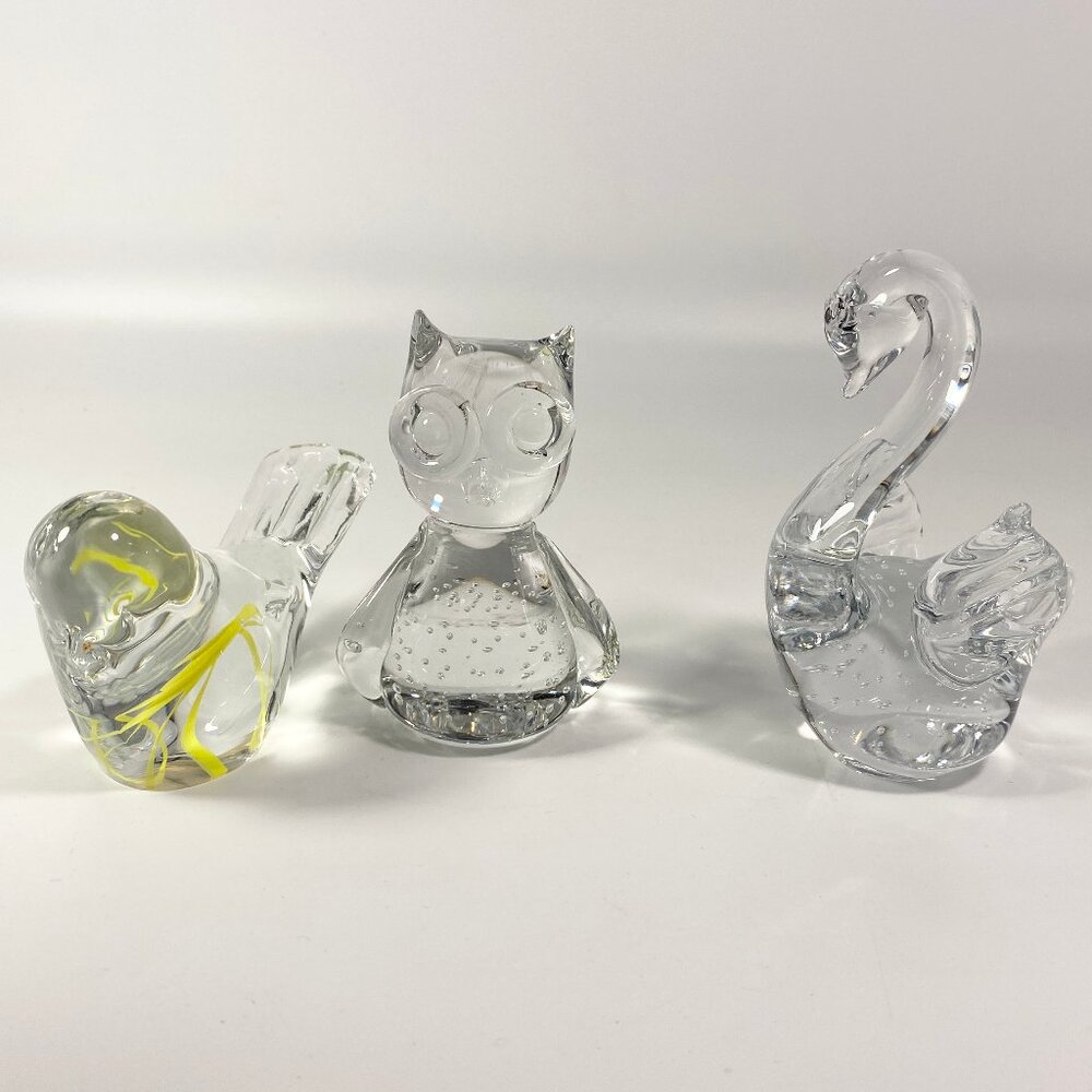 Vintage set of 3 Large glass owl, swan & Bird paperweight, figurines